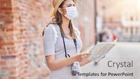  Presentation with tourist - Beautiful slide deck featuring female-tourist-wearing-a-mask backdrop and a soft green colored foreground