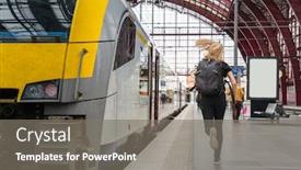  Presentation with train - PPT layouts with female-tourist-with-backpack-running background and a gray colored foreground
