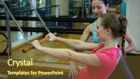  Presentation with exercise trainer - Amazing PPT theme having female trainer assisting woman with stretching exercise on reformer in gym backdrop and a tawny brown colored foreground