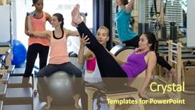  Presentation with exercise trainer - PPT theme with female trainer assisting woman with stretching exercise on reformer in gym background and a violet colored foreground