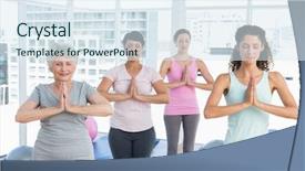  Presentation with trainer - Audience pleasing slide set consisting of female trainer with class standing in namaste pose at yoga class backdrop and a sky blue colored foreground