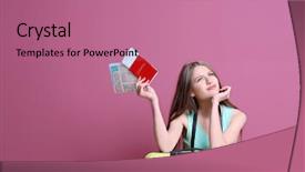  Presentation with ticket - Amazing presentation theme having female traveler with map passport and ticket on color background backdrop and a coral colored foreground