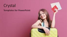  Presentation with passport travel - Amazing slide set having female traveler with map passport backdrop and a coral colored foreground