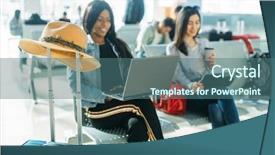  Presentation with departure - Amazing slide deck having female travelers waiting for departure backdrop and a ocean colored foreground