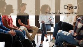  Presentation with group discussion - Slide set consisting of female tutor leading discussion group background and a coral colored foreground