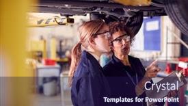  Presentation with female mechanic - Cool new slides with female-tutor-with-student-looking backdrop and a navy blue colored foreground