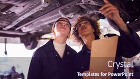  Presentation with female mechanic - Colorful theme enhanced with female-tutor-with-student-looking backdrop and a wine colored foreground