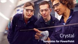  Presentation with female mechanic - PPT theme having female-tutor-with-students-checking background and a wine colored foreground