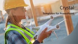  Presentation with drone quadcopter - Presentation design enhanced with female unmanned aircraft system uas background and a coral colored foreground