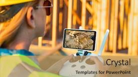  Presentation with drone quadcopter - Presentation theme featuring female unmanned aircraft system uav background and a yellow colored foreground