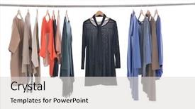  Presentation with women e commerce clothes - PPT theme with female variety of clothes hanging background and a  colored foreground