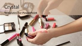  Presentation with cosmetics - PPT theme enhanced with make up artist tests - female visagiste applying cosmetics onto background and a coral colored foreground