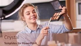  Presentation with female - Presentation design having female-vlogger-presenting-make-up background and a coral colored foreground