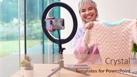  Presentation with mobile home - PPT theme featuring female-vlogger-recording-fashion background and a lemonade colored foreground