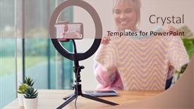  Presentation with mobile home - Theme enhanced with female-vlogger-recording-fashion background and a coral colored foreground