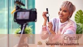  Presentation with product - PPT theme enhanced with female-vlogger-recording-wristwatch-product background and a coral colored foreground