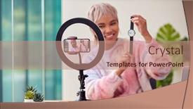  Presentation with mobile home - Slides having female-vlogger-recording-wristwatch-product background and a coral colored foreground