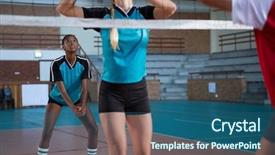  Presentation with volleyball - Amazing PPT layouts having female volleyball players playing volleyball backdrop and a ocean colored foreground