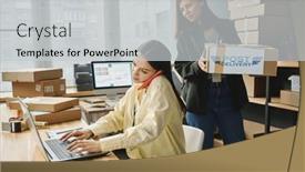  Presentation with front desk - PPT theme with female-volunteer-carrying-box background and a light gray colored foreground