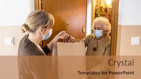  Presentation with volunteer - Colorful presentation theme enhanced with female-volunteer-delivering-bags backdrop and a coral colored foreground
