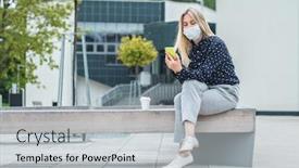  Presentation with face masks - Amazing PPT layouts having female-wearing-masks-working-over backdrop and a light gray colored foreground