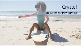  Presentation with virtual reality - PPT theme featuring female-wearing-virtual-reality-glasses background and a sky blue colored foreground