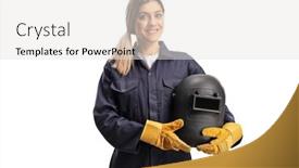  Presentation with welder worker welding and cutting - PPT theme featuring female-welder-in-a-uniform background and a white colored foreground