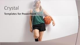  Presentation with basketball female - Cool new theme with female-with-a-basketball-leaning backdrop and a light gray colored foreground
