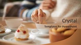  Presentation with biscuit - Audience pleasing presentation consisting of hand of female with biscuit during tea time in cafe backdrop and a coral colored foreground