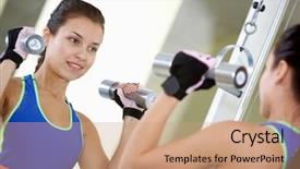  Presentation with female - PPT theme having female with dumbbells doing exercise background and a coral colored foreground