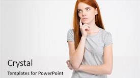  Presentation with hair corporate female - Slide set with female with long red hair background and a light gray colored foreground