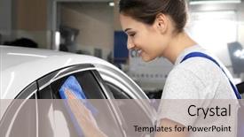  Presentation with car cleaning - PPT theme featuring female worker cleaning car window background and a light gray colored foreground