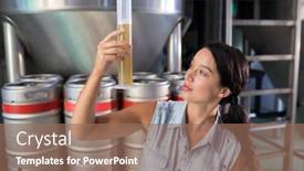  Presentation with drugs alcohol test - Audience pleasing PPT layouts consisting of female worker examining beer in test tube at warehouse backdrop and a coral colored foreground