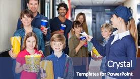  Presentation with families - Presentation theme having female worker giving movie ticket background and a ocean colored foreground