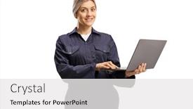  Presentation with navy blue - Slide deck with female-worker-in-a-navy background and a white colored foreground