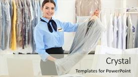  Presentation with salon - Cool new presentation theme with female worker in dry-cleaning backdrop and a soft green colored foreground