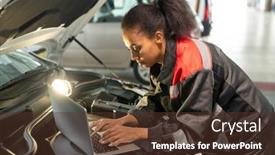  Presentation with car service - Amazing slide set having female-worker-of-car-maintenance backdrop and a tawny brown colored foreground