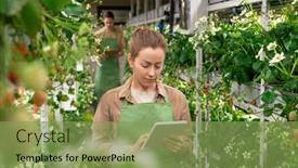  Presentation with vertical farm - Amazing slide deck having female-worker-of-vertical-farm backdrop and a seafoam green colored foreground