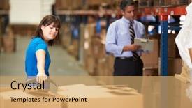  Presentation with pallet - Presentation theme having retail distribution - female worker pulling pallet background and a coral colored foreground