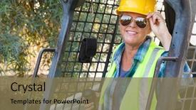  Presentation with bulldozer - Slide deck consisting of female worker using small bulldozer background and a  colored foreground