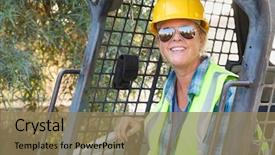 Presentation with bulldozer - PPT layouts enhanced with female worker using small bulldozer background and a coral colored foreground