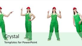  Presentation with female weightlifitng - Beautiful presentation design featuring female worker wearing coverall isolated backdrop and a mint green colored foreground