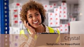  Presentation with distribution logistics - Presentation design having female-worker-wearing-headset background and a coral colored foreground