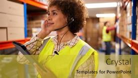  Presentation with distribution logistics - PPT layouts featuring female-worker-wearing-headset background and a yellow colored foreground
