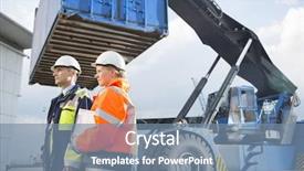  Presentation with shipping - Beautiful PPT theme featuring male and female workers standing by freight vehicle in shipping yard backdrop and a seafoam green colored foreground