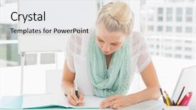  Presentation with writing notes - Slide deck consisting of female working - casual young woman writing notes background and a  colored foreground