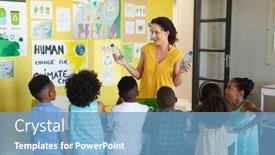  Presentation with environmental cleanup - PPT theme consisting of female-young-caucasian-teacher-teaching background and a teal colored foreground