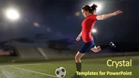  Presentation with young children playing multicultural - Beautiful presentation featuring femenine - young woman playing soccer inside backdrop and a tawny brown colored foreground