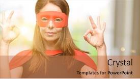  Presentation with hero mask woman - Colorful slide deck enhanced with feminim symbol - middle age super hero woman backdrop and a  colored foreground