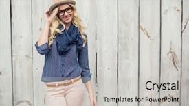  Presentation with wooden - Slide set featuring feminin chic - smiling trendy model posing background and a light gray colored foreground
